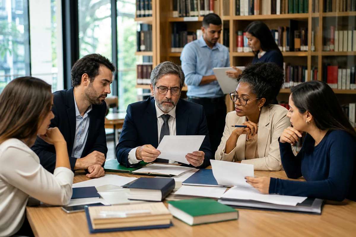 Profissionais do Direito analisando documentos em uma biblioteca