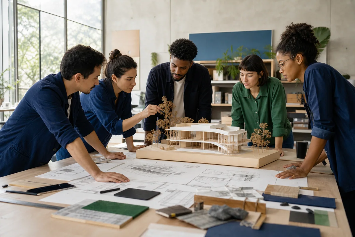 Equipe de engenharia e design revisando um protótipo arquitetônico