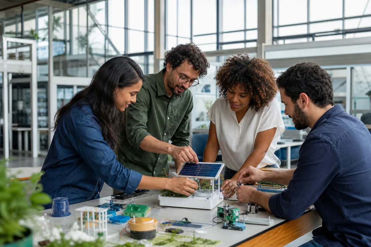 Equipe multidisciplinar desenvolvendo um protótipo sustentável