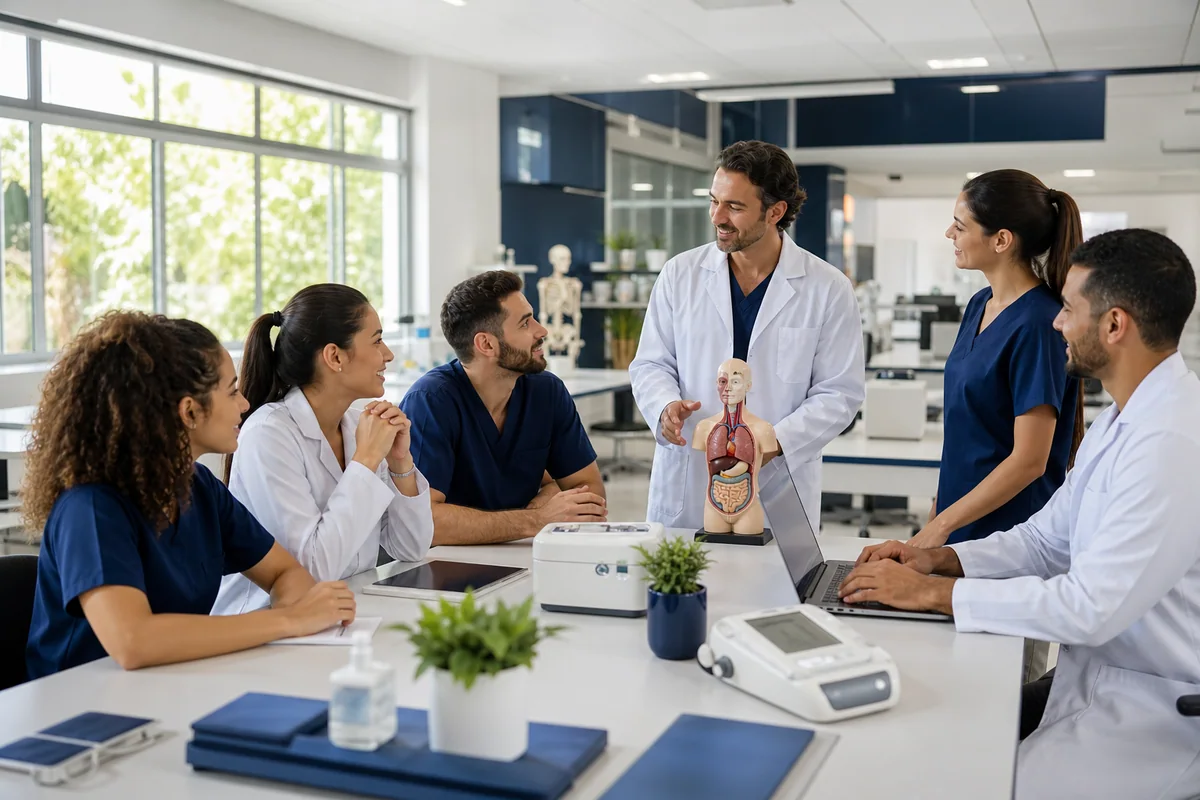Profissionais de saúde em uma atividade de aprendizagem clínica