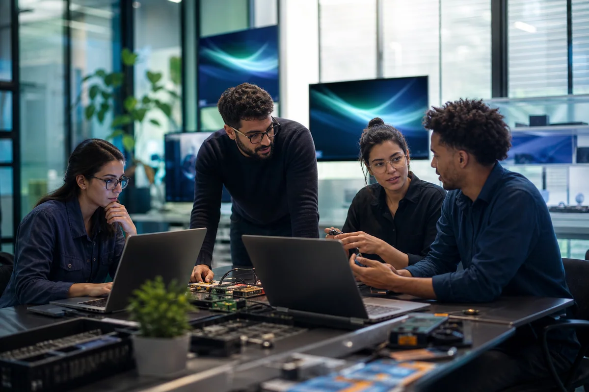 Profissionais de tecnologia colaborando com computadores e equipamentos