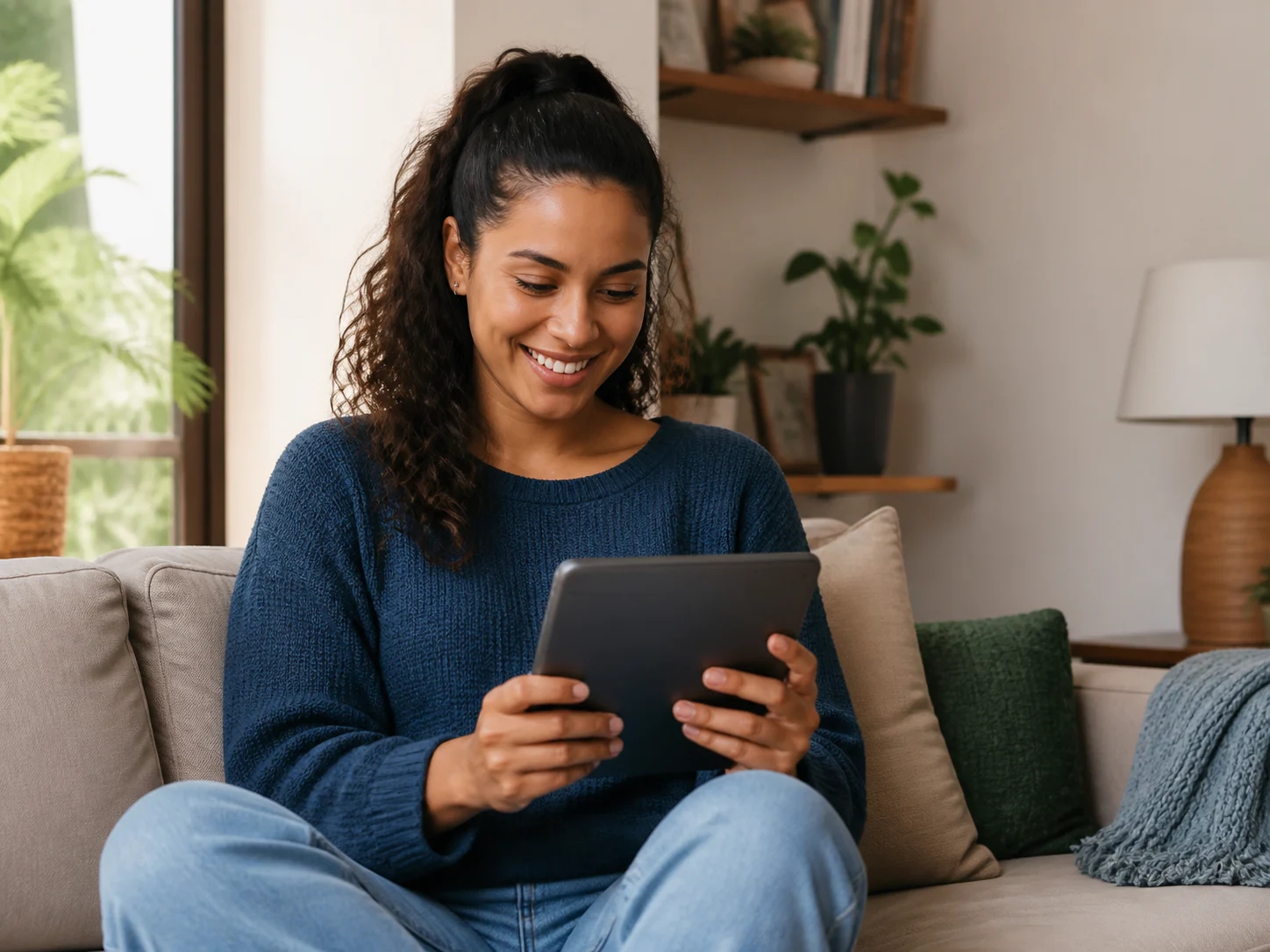 Estudante sorrindo enquanto aprende com um tablet em casa